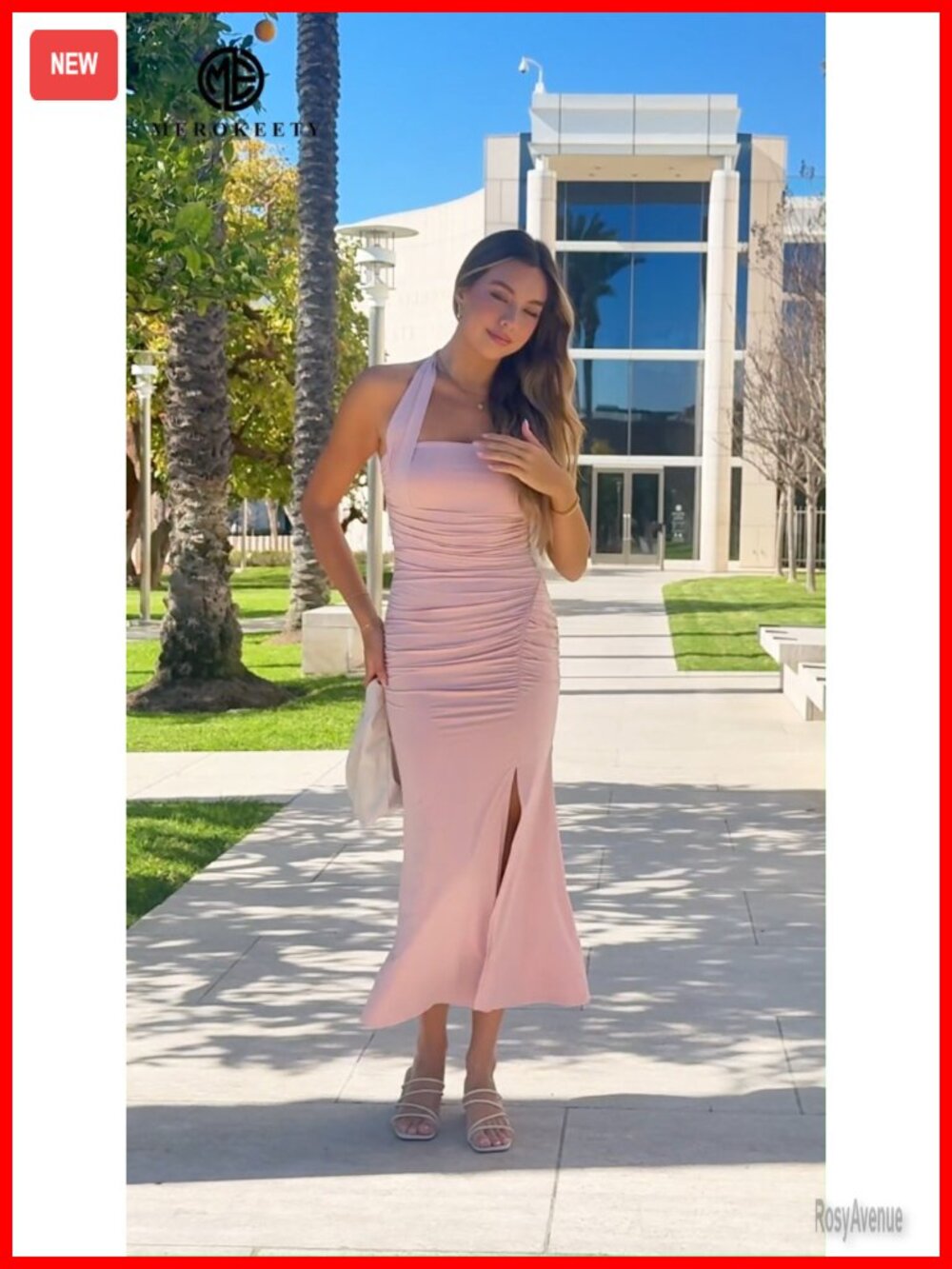 Women's Sleeveless Halter Backless Maxi Dress with Side Split Ruched Bodycon - Picture 7 of 7